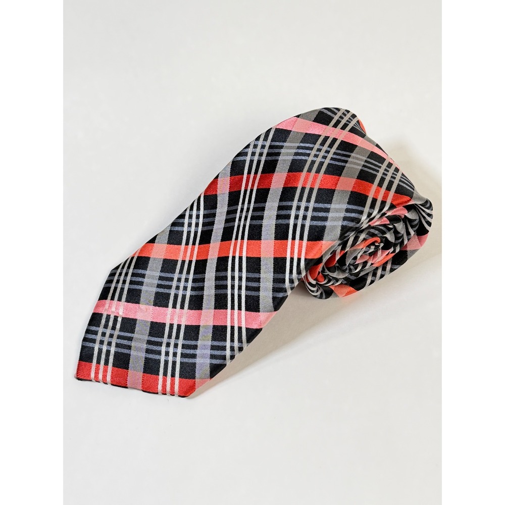 Sean John Mens 100% Silk Tie Black Coral Pink Gray Plaid Check Necktie 57"